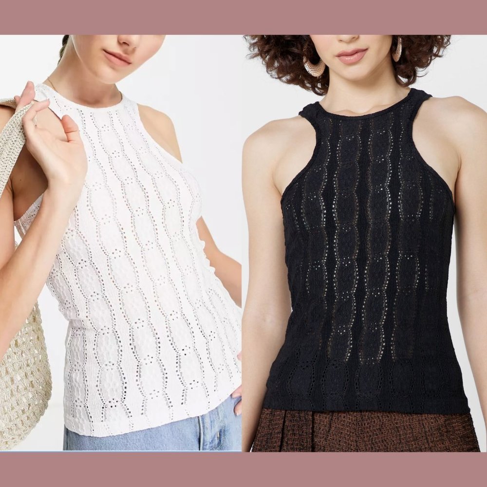 NWT $68 2PC Topshop [‎ Small 4-6 ] Racer Eyelet Tank Top in White & Black #5689